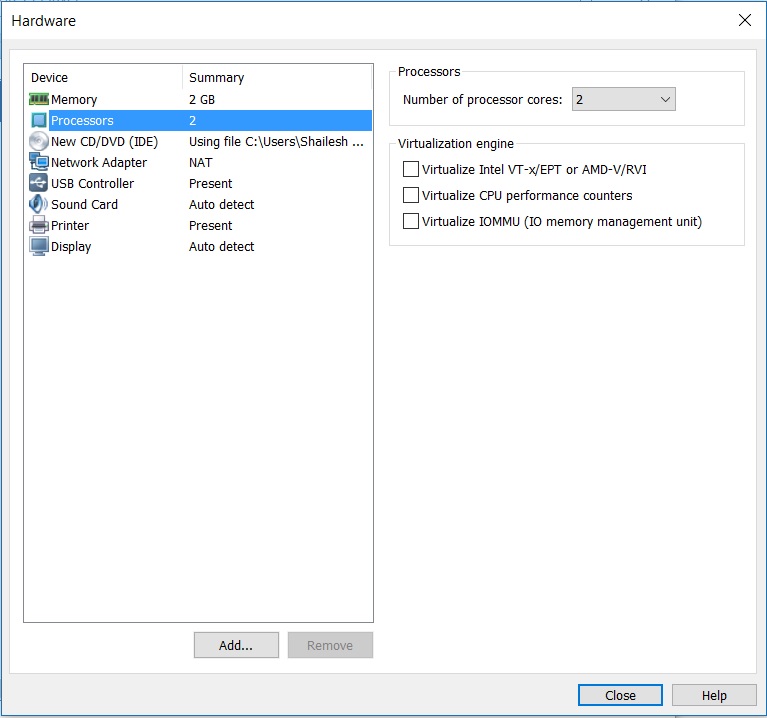 VMware Player 14 - Customize hardware - Specify number of processor cores