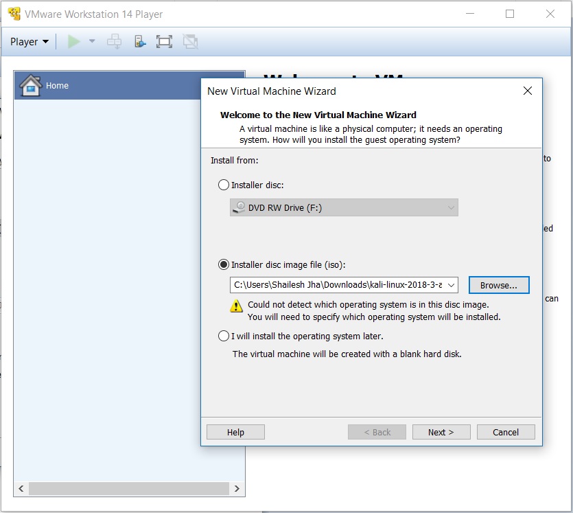 VMware Player 14 - Browse to Installation media