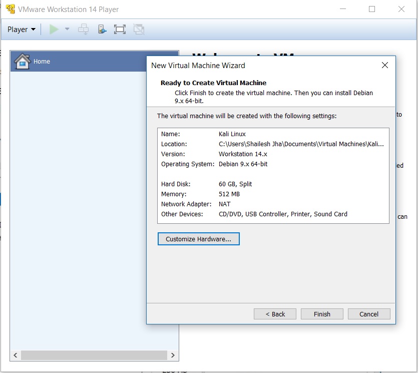VMware Player 14 - Ready to create Virtual machine