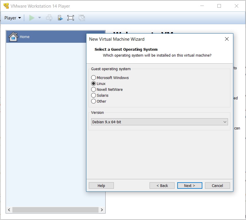 VMware Workstation Player 14 - Select Guest Operating System