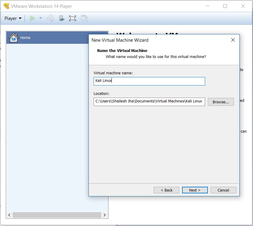 VMware Player 14 - Virtual machine Name