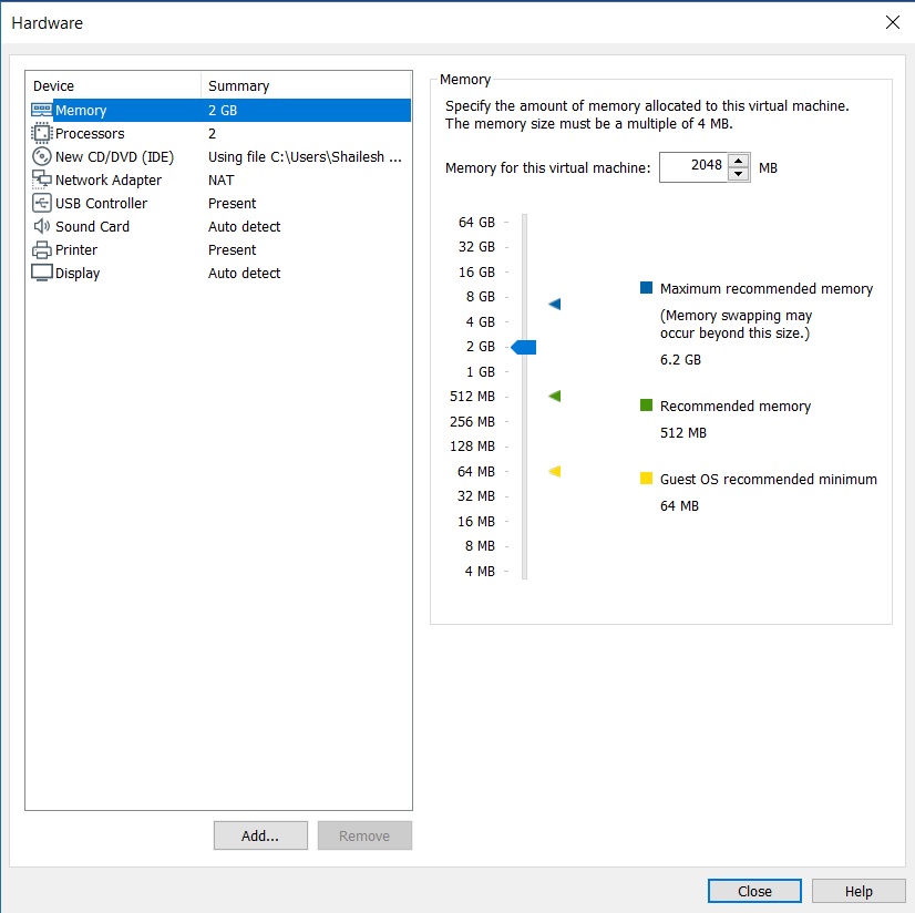 VMware Player - Virtual machine Memory Settings