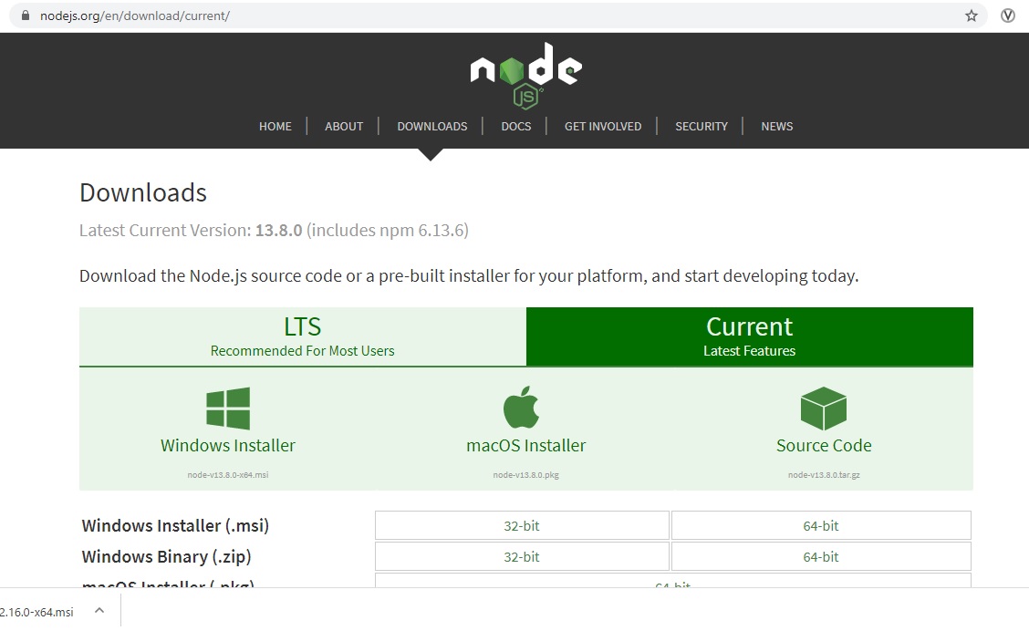 NodeJS official download web page screenshot