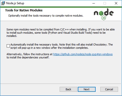 NodeJS installation - Tools for Native Modules Option
