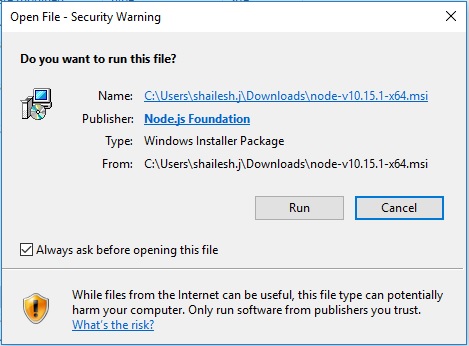 NodeJS windows installation - security warning screenshot