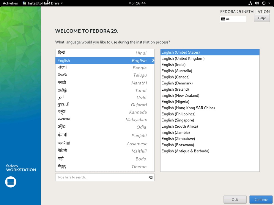 Fedora Workstation 29 Installation - Select Language