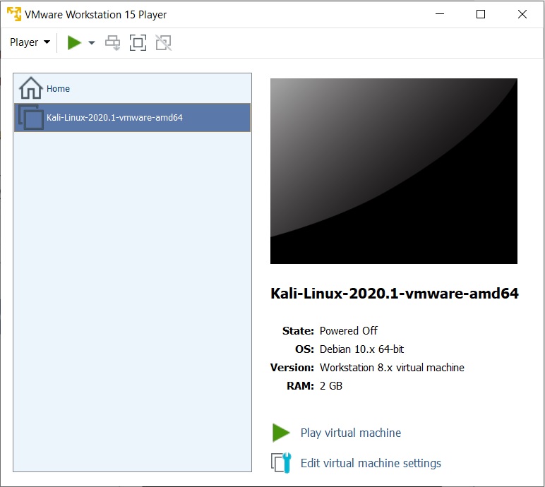 VMware Player - Kali Linux Virtual machine