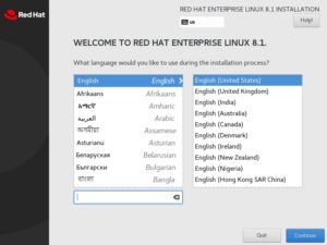 Red Hat Enterprise Linux 8.1 Installation - Select Language