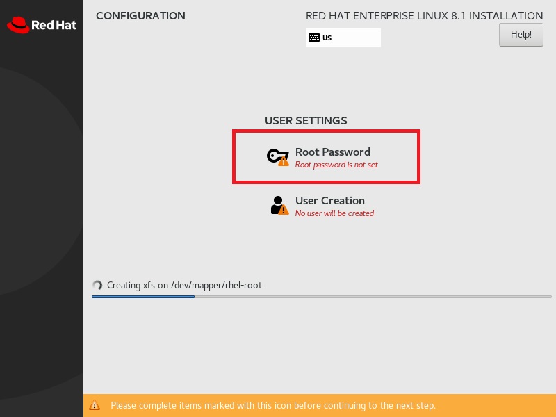 Red Hat Enterprise Linux 8 Installation - Set Root Password