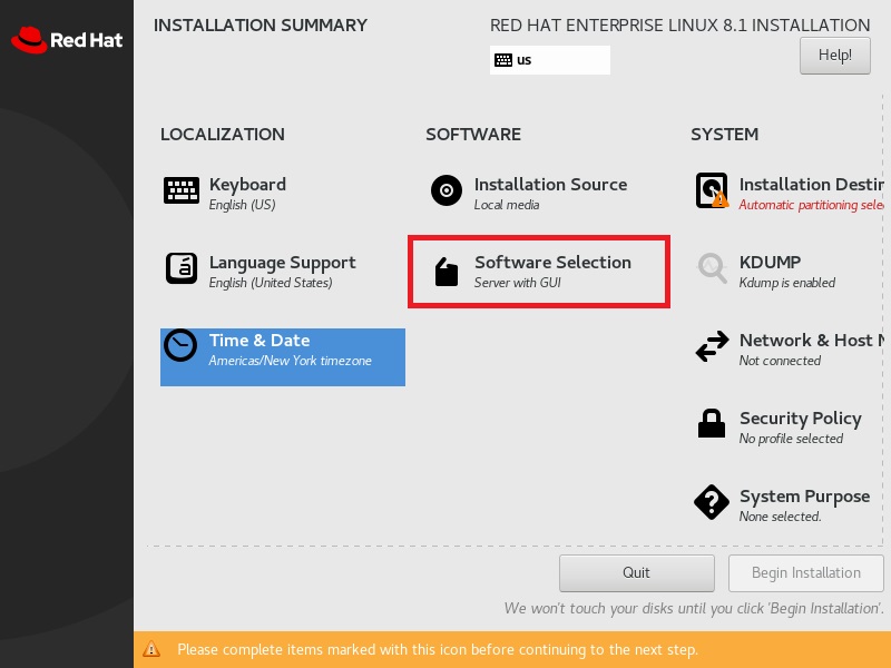 Red Hat Enterprise Linux 8 Installation - software selection